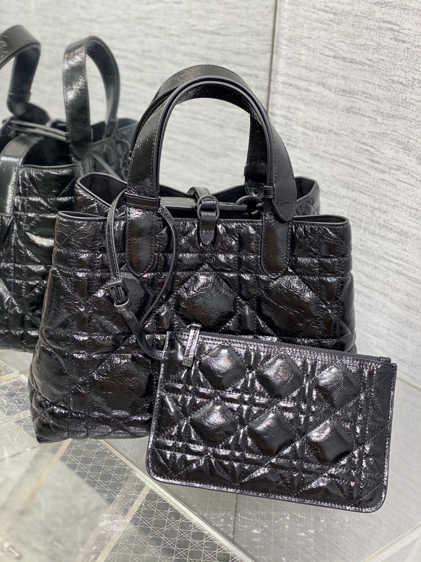 Medium Dior Toujours Bag Black Macrocannage Crinkled Calfskin